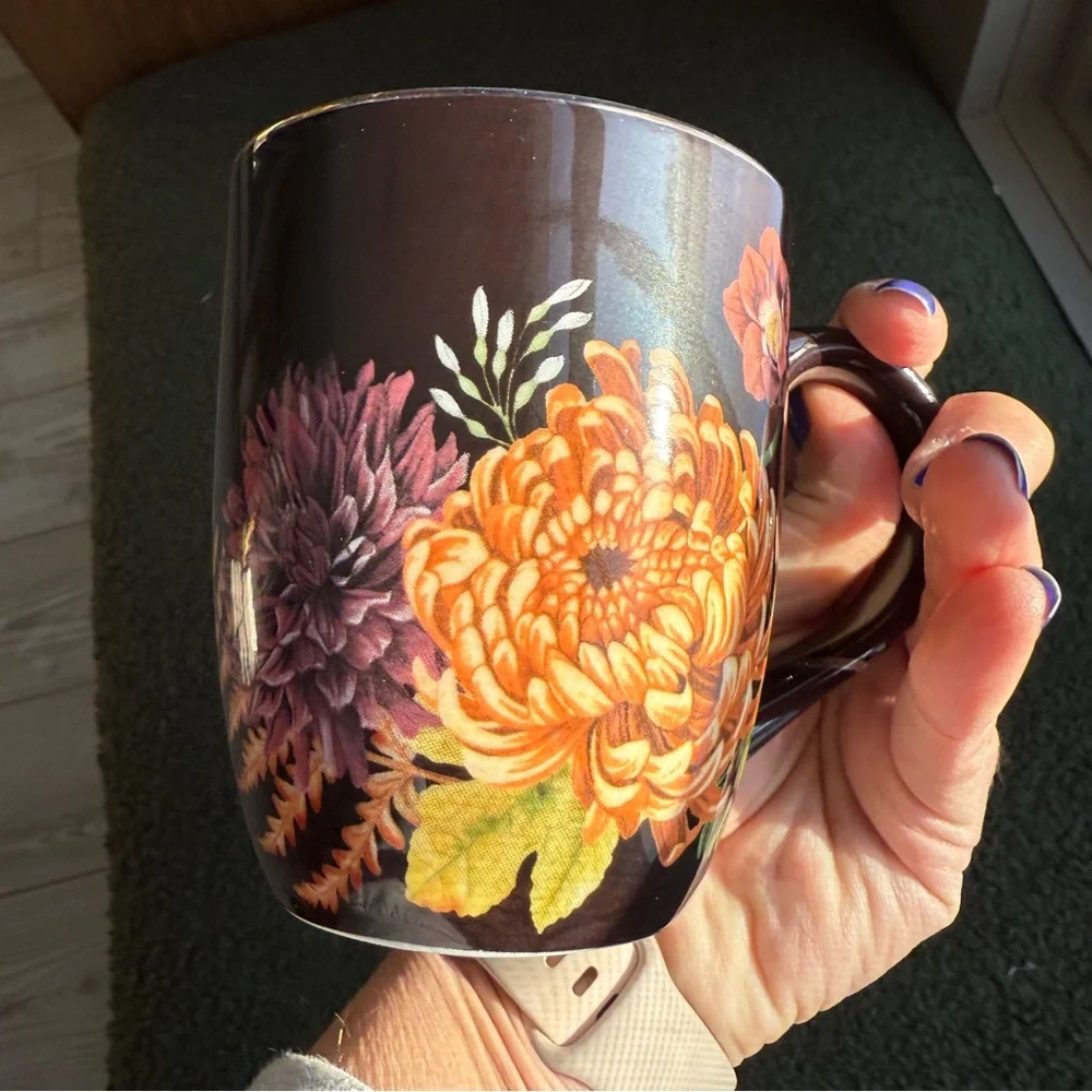 William Sonoma California Harvest Bloom Coffee Gold‎ Rimmed Floral Mug Set Of 2